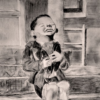  'New Shoes' by Gerald Waller, Austria 1946 Six year-old Werfel, living in an orphanage in Austria, hugs a new pair of shoes given to him by the American Red Cross.
								This photo was published by Life magazine. The portrait is sketched using a combination of HB, 2B and 6B pencils on standard drawing paper. Date: November 2016